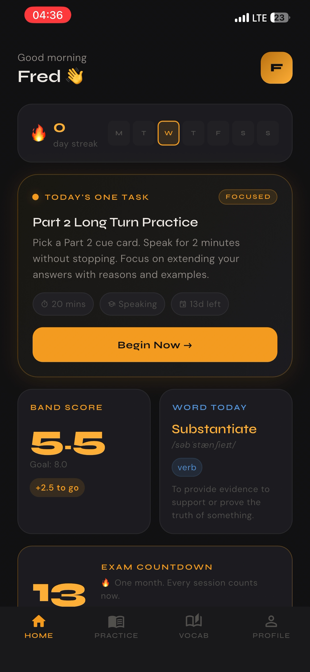 LEXION home screen — today's task and band score