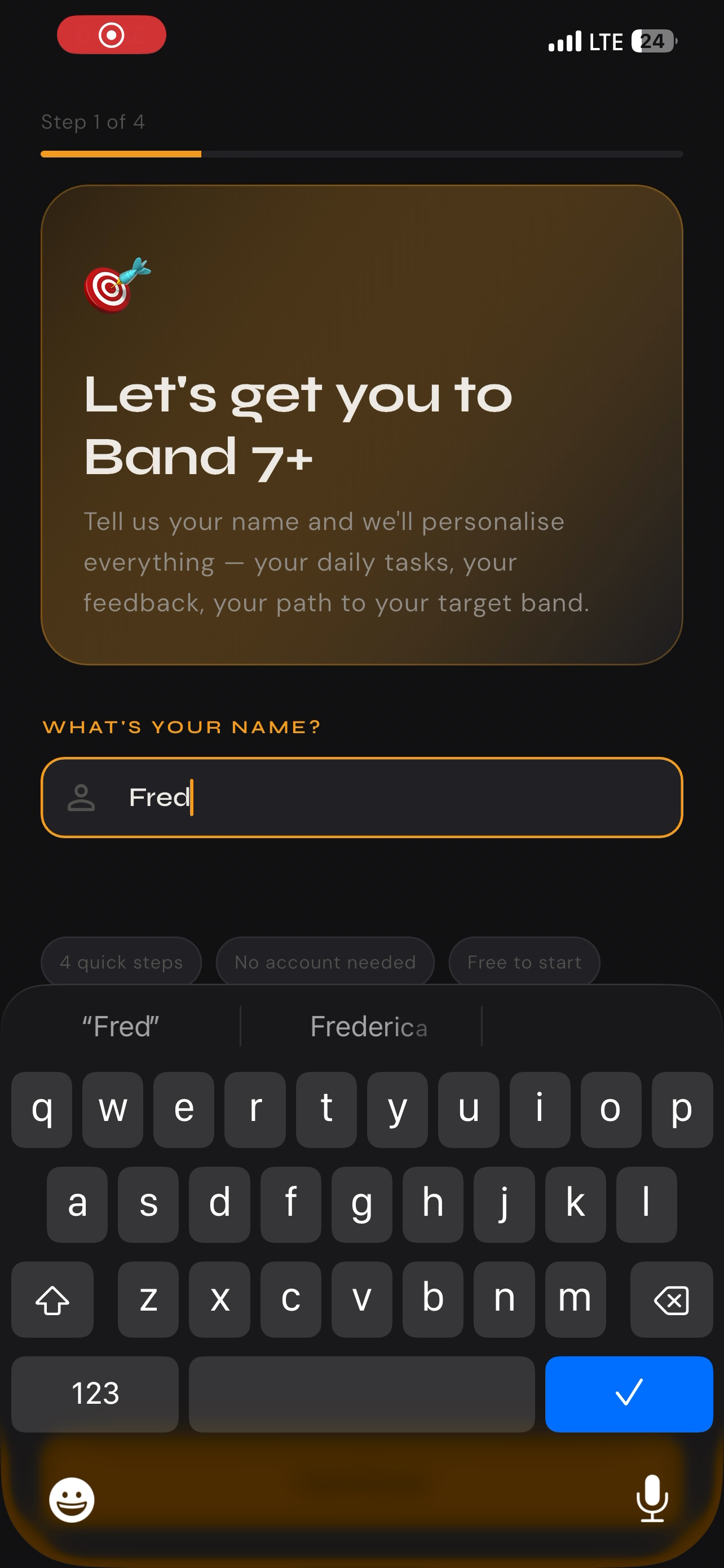 LEXION onboarding — set your target band